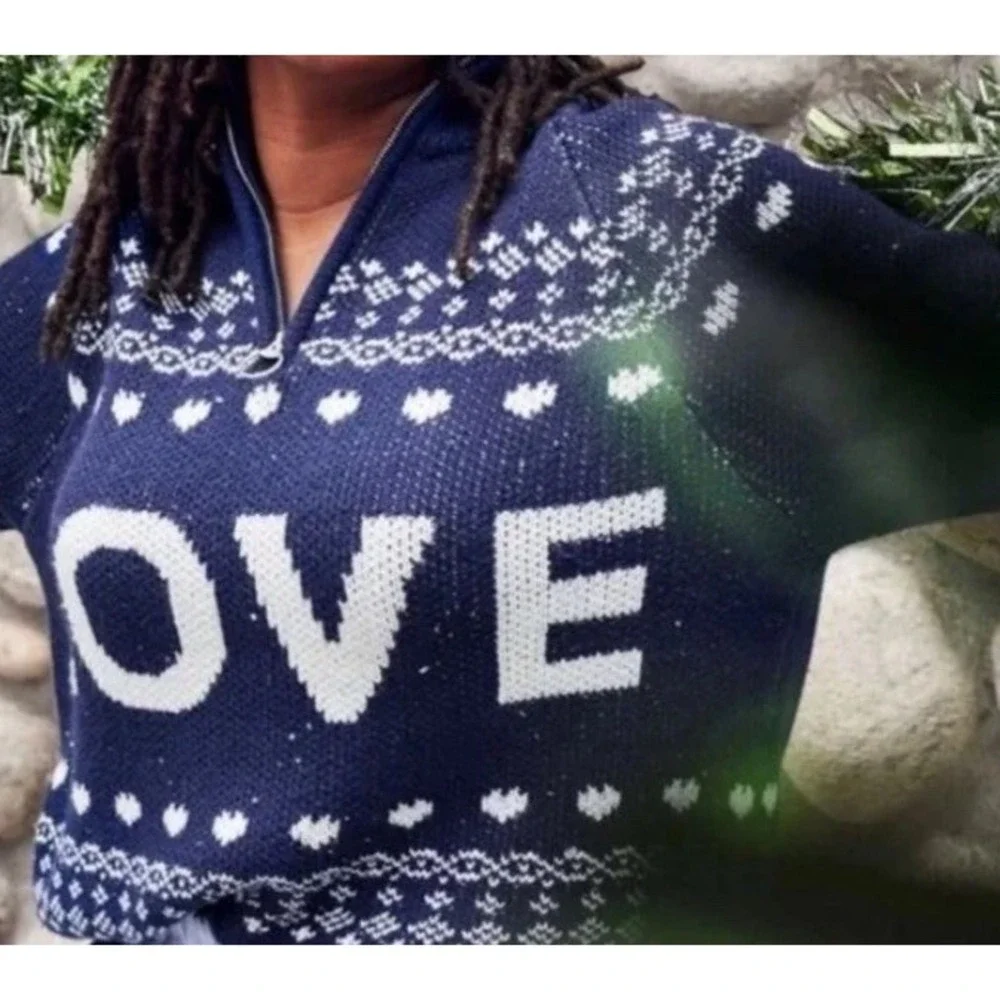 New Aerie Knit LOVE 1/4 Zip Blue Oversized  Pullover Sweater Fair Isle Size S - Picture 4 of 10